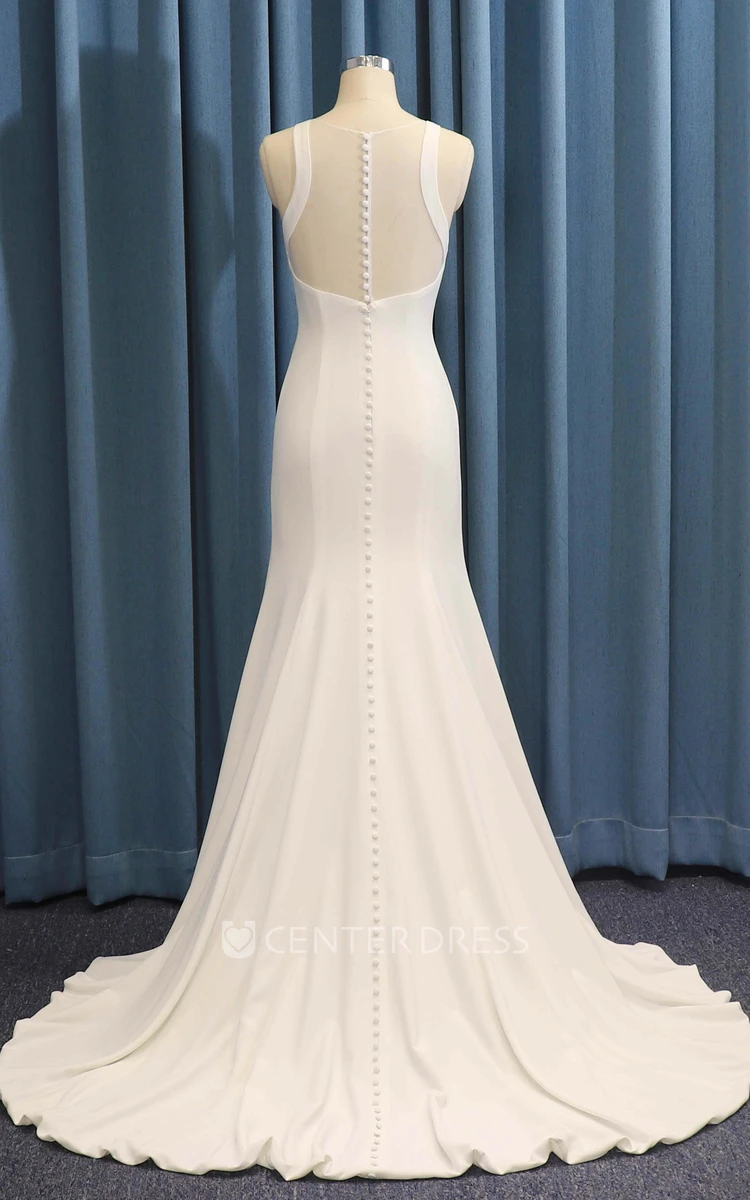 Illusion Back With Buttons Satin Ruching Sleeveless Jewel Neck Mermaid Wedding Dress