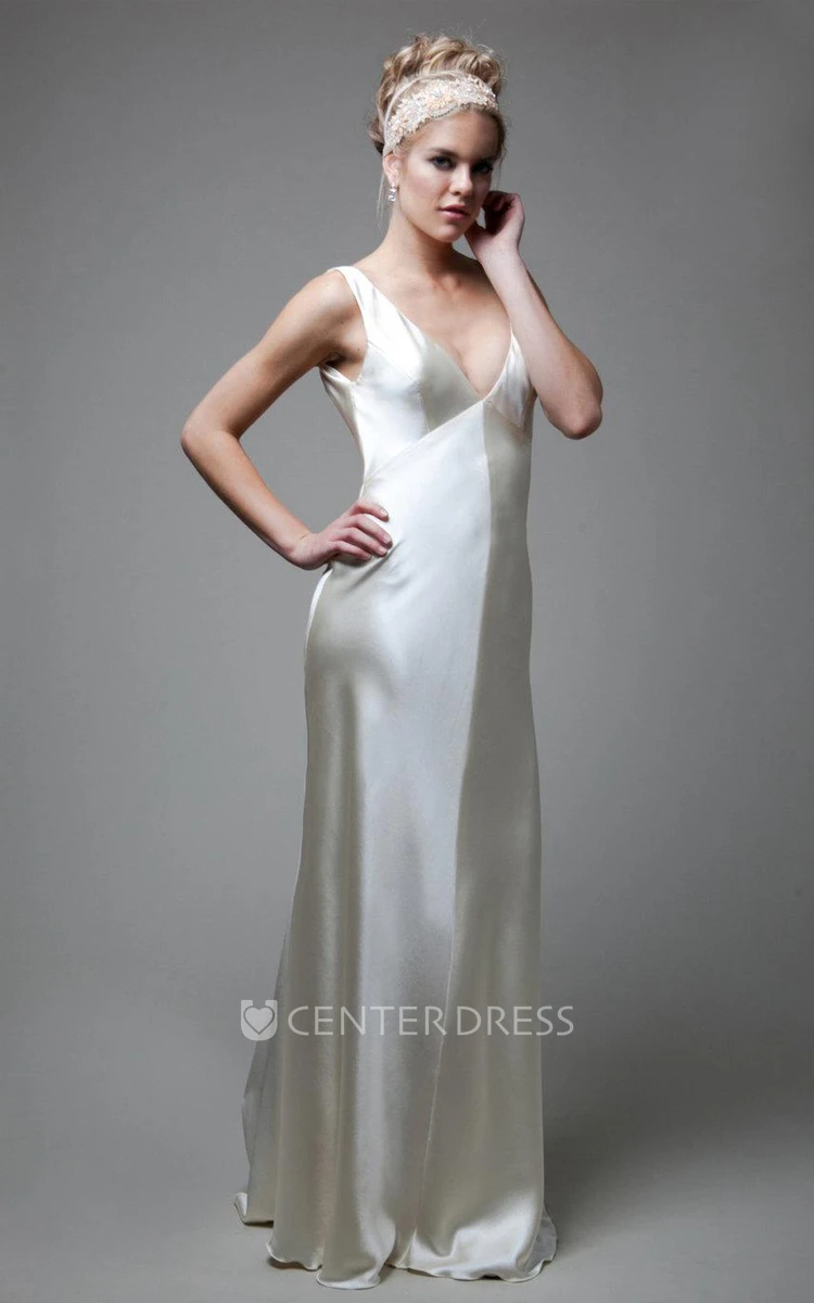 V-Neck Empire Sleeveless Deep-V Back Sheath Long Satin Wedding Dress