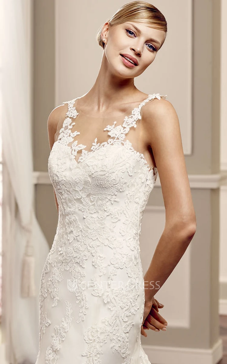Scoop Long Appliqued Lace Wedding Dress With Court Train And Illusion
