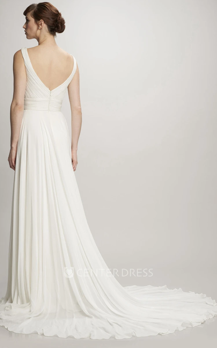 Long V-Neck Ruched Chiffon Wedding Dress With Court Train And V Back