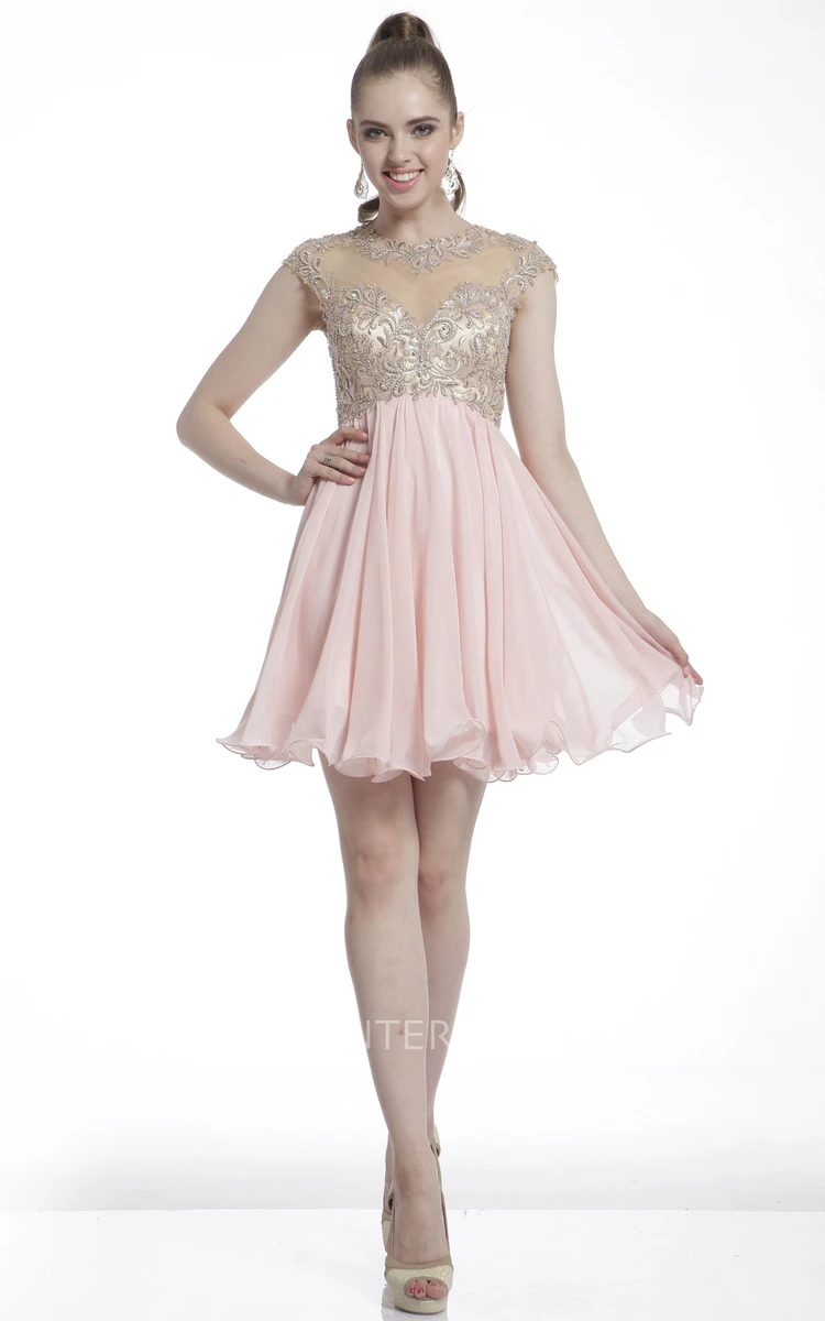 A-Line Short Scoop-Neck Cap-Sleeve Empire Illusion Dress With Beading And Pleats