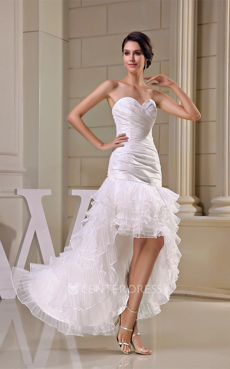 High-Low Criss-Cross Sweetheart Tulle Prom Dress with Ruching and Tiers