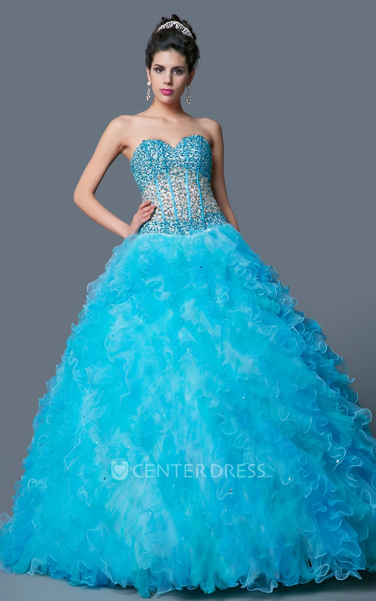Sweetheart Sleeveless Organza Ball Gown Prom Dress with Beading and Ruffle