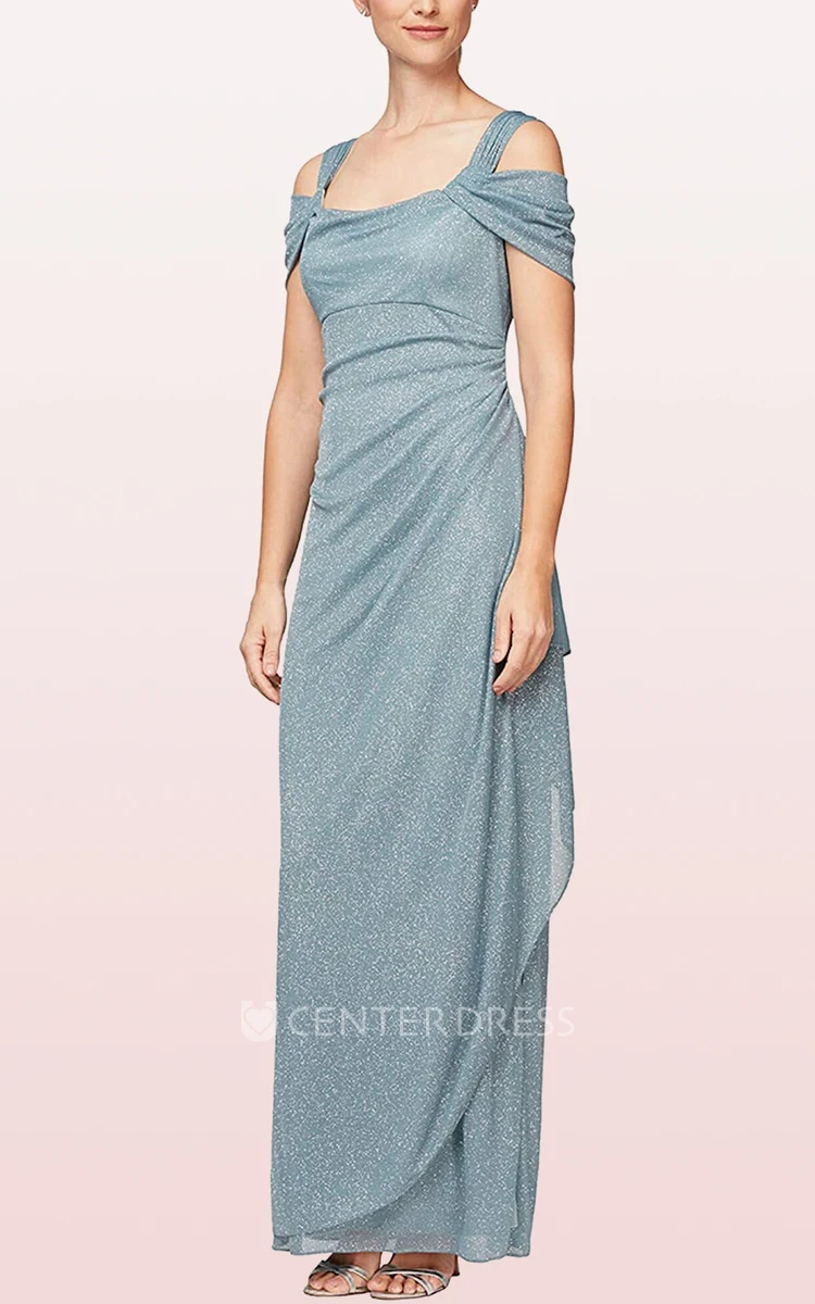 Sequins Ankle-length Off-the-shoulder Sheath Sleeveless Mother Dress With Draping and Split Front