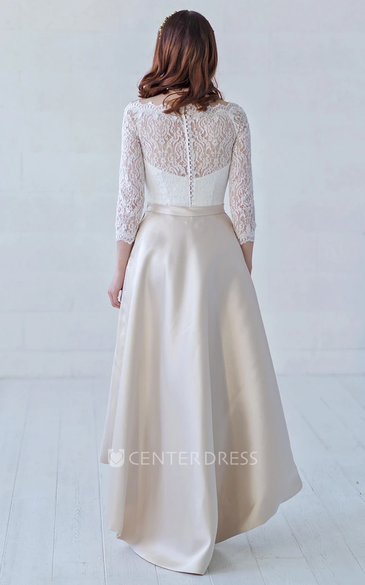 3/4 Illusion Sleeve Off-the-shoulder Button Back High-low Lace And Satin Wedding Dress