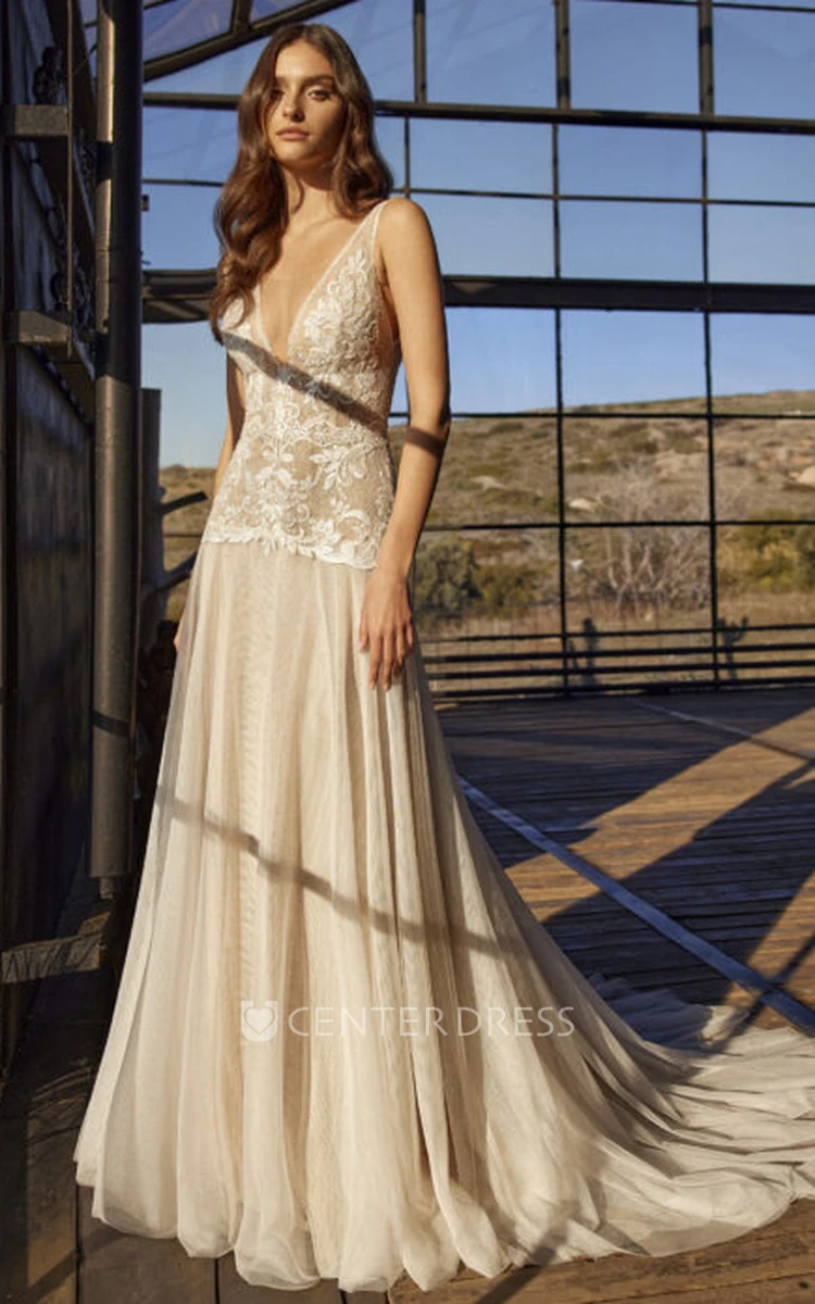 Romantic Sleeveless A-Line Tulle Wedding Dress With Plunging Neckline And Low-V Back