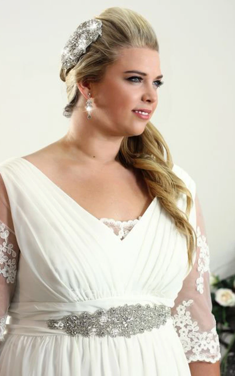 Sheath Half-Sleeve Jeweled V-Neck Chiffon Plus Size Wedding Dress