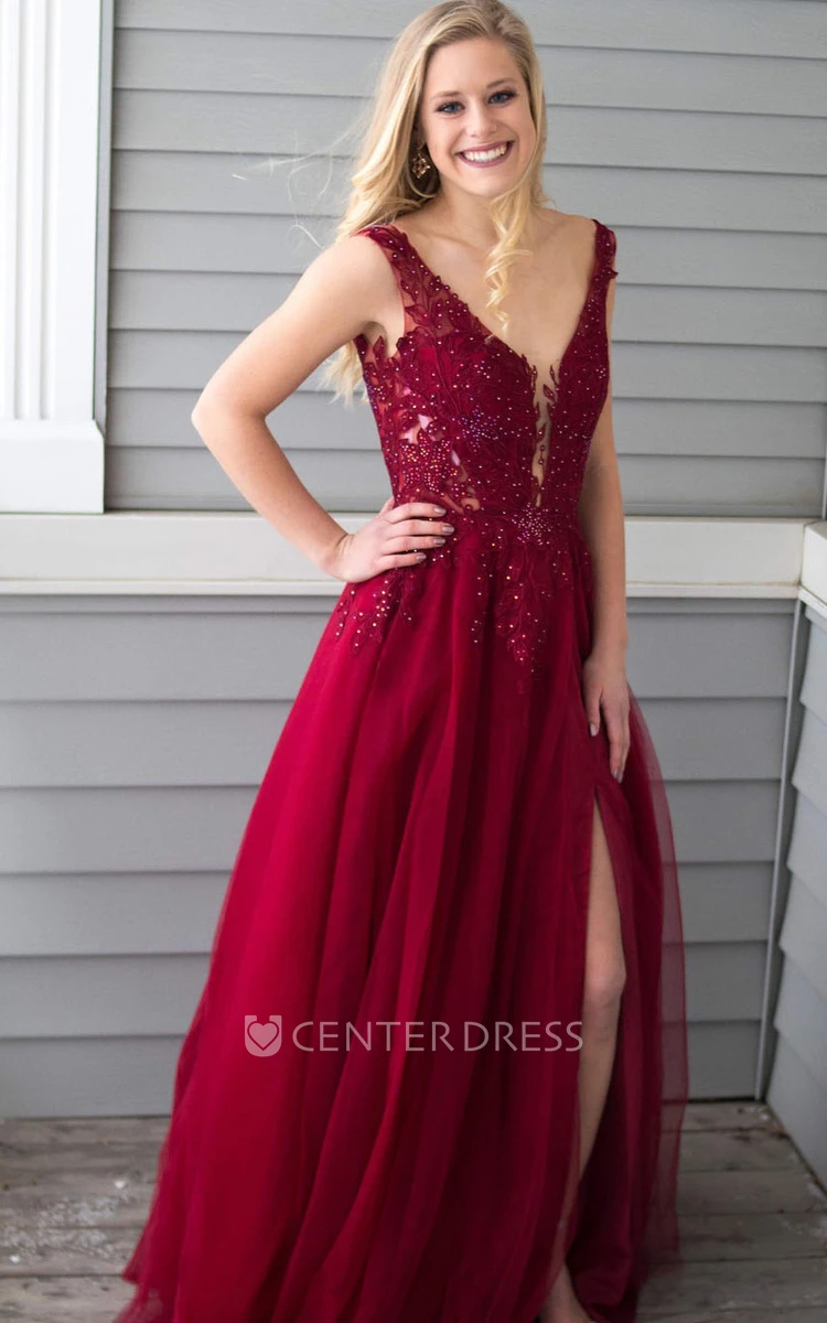A Line Sleeveless Chiffon Romantic Formal Dress with Appliques and Split Front