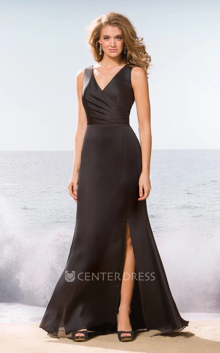 Sleeveless V-Neck Long Bridesmaid Dress With Front Slit And Draping