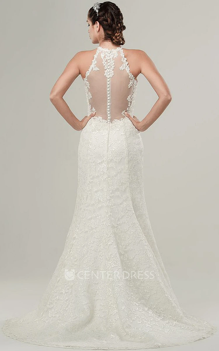 High Neck Long Appliqued Lace Wedding Dress With Sweep Train And Illusion