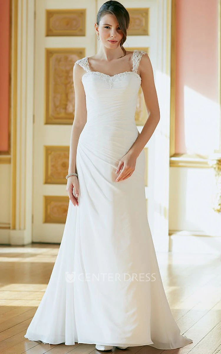 Straps Long Ruched Chiffon Wedding Dress With Appliques And V Back