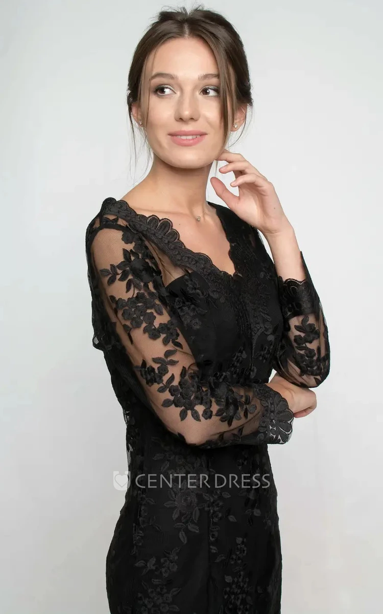 Sexy Lace 3/4 Length Sleeve Knee-length Pencil Cocktail Dress with Split Front