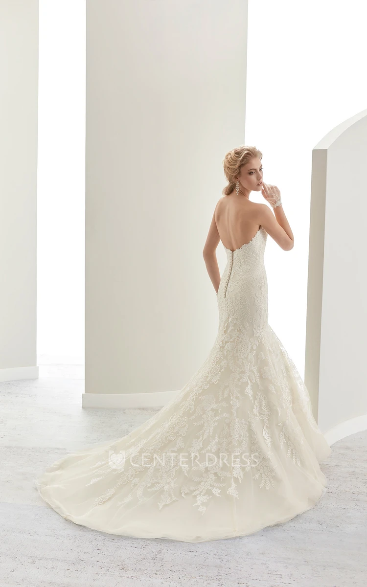 Strapless Mermaid Lace Bridal Gown With Open Back And Brush Train