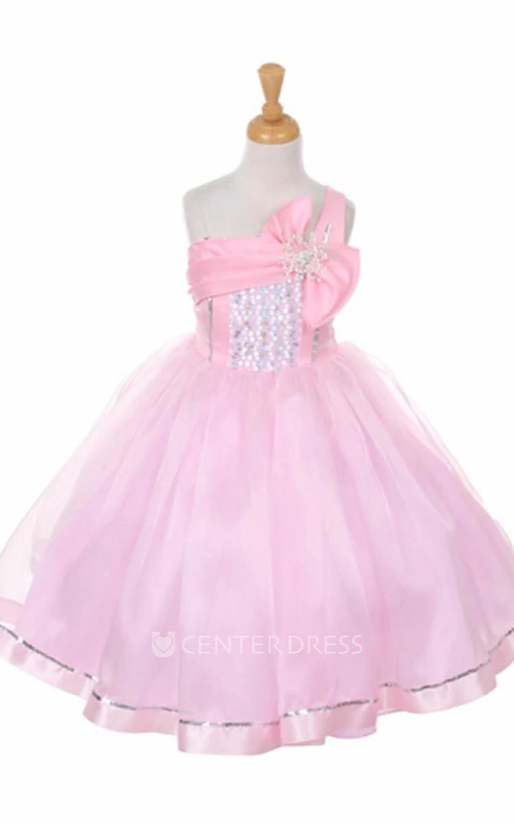 Tea-Length Broach Bowed Tiered Sequins&Organza Flower Girl Dress With Sash