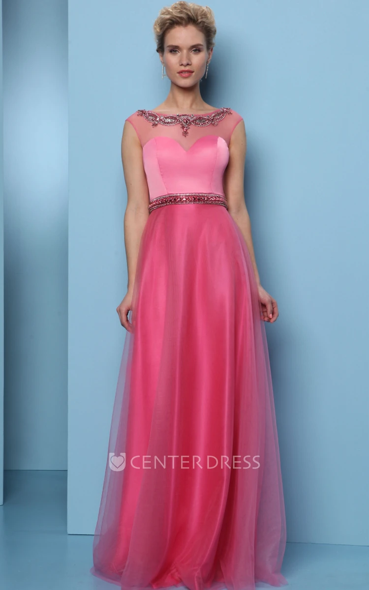 A-Line Scoop-Neck Sleeveless Long Beaded Tulle&Satin Prom Dress With Waist Jewellery