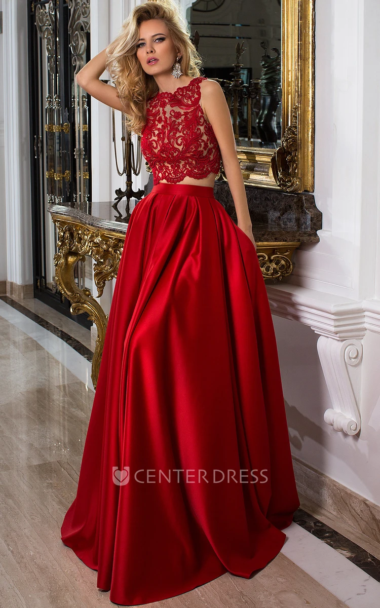 Sleeveless Jewel Neck Appliqued Satin Prom Dress With Illusion Back