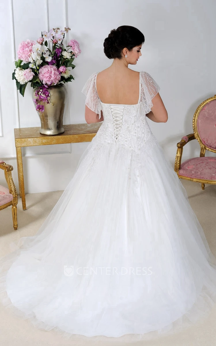 Caped-Sleeve A-Line Tulle Dress With Jeweled Bodice