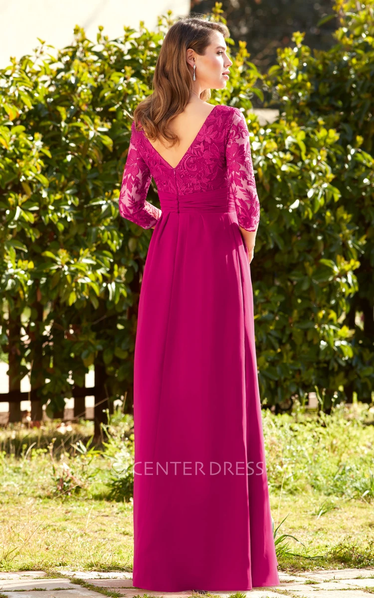Elegant V-neck Lace Satin Prom Dress with Low-V Back Modest & Classy