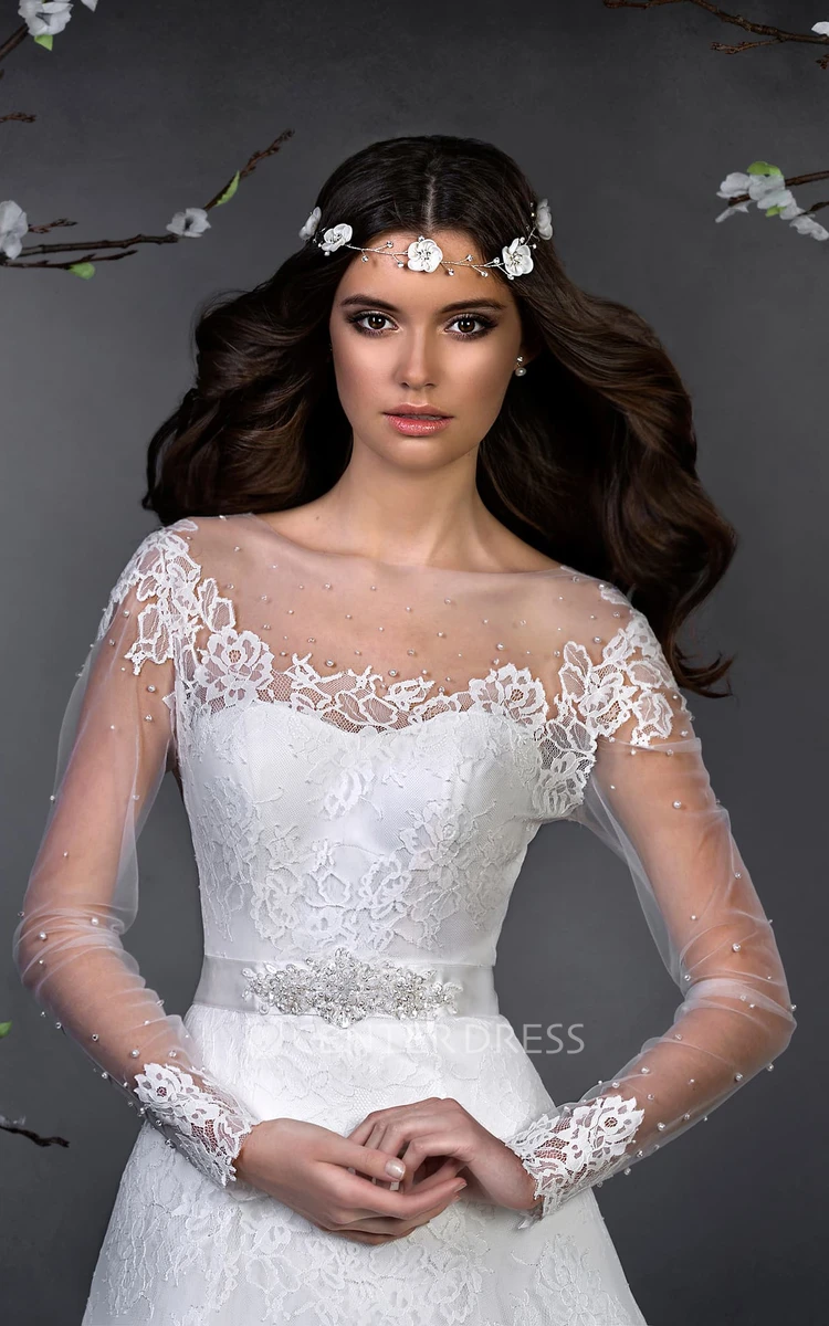 A-Line Long Scoop Long-Sleeve Corset-Back Lace Dress With Appliques And Waist Jewellery