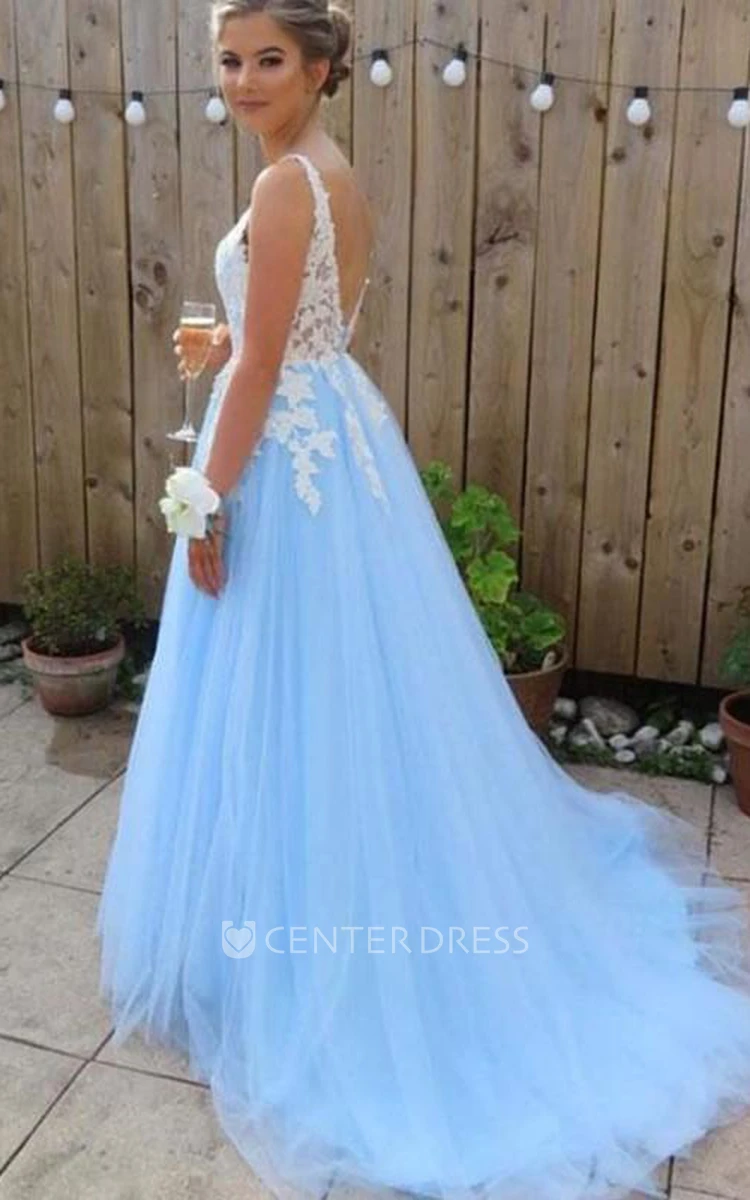 A Line Sleeveless Tulle Adorable Low-V Back Prom Dress with Appliques
