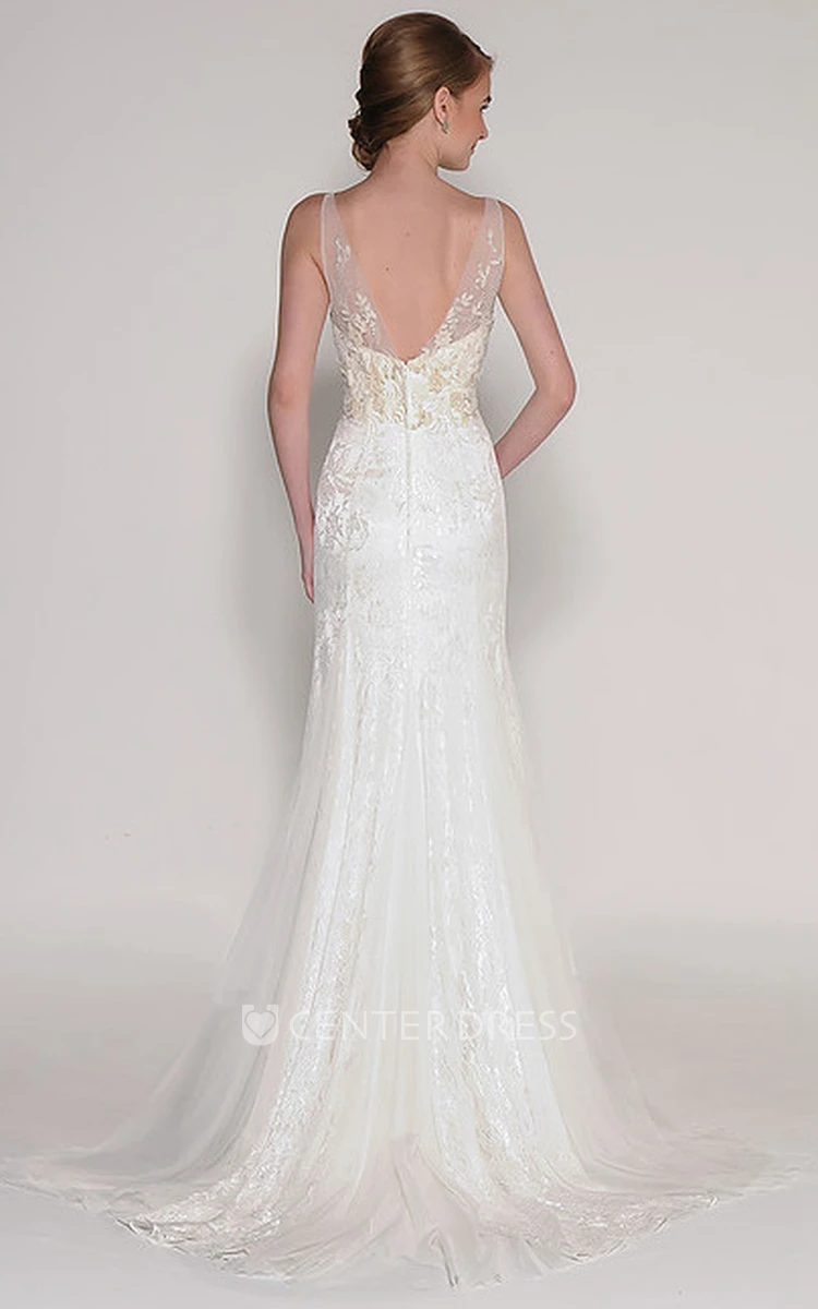 Sheath Floor-Length V-Neck Appliqued Sleeveless Tulle Wedding Dress With Beading