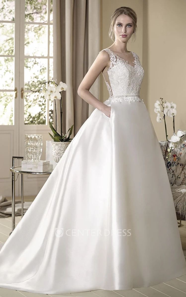 Ball Gown Floor-Length Appliqued V-Neck Sleeveless Satin Wedding Dress