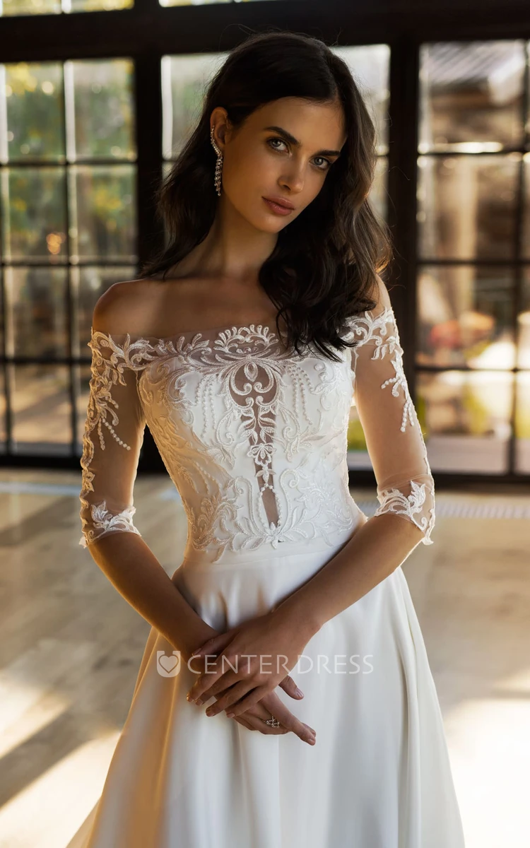 Elegant A Line Satin and Lace Off-the-shoulder Sweep Train Wedding Dress