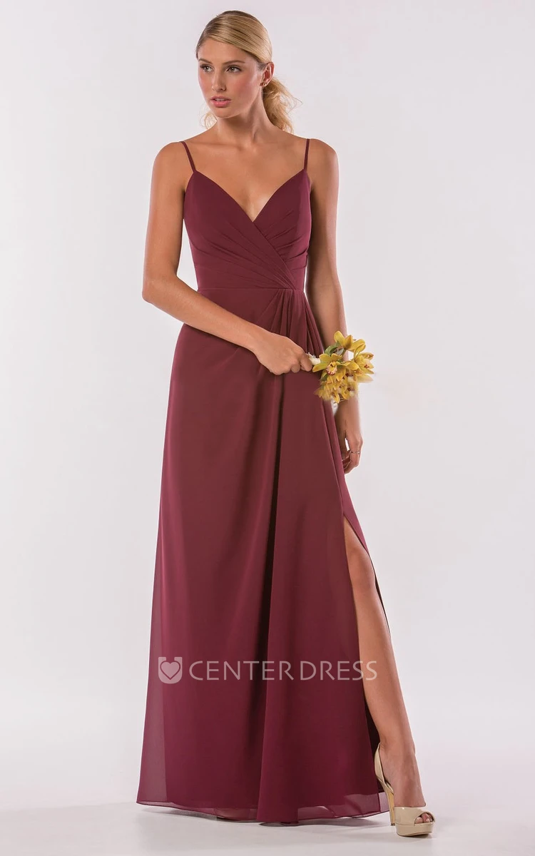 Sleeveless V-Neck Gown With Spaghetti Straps And Ruffles
