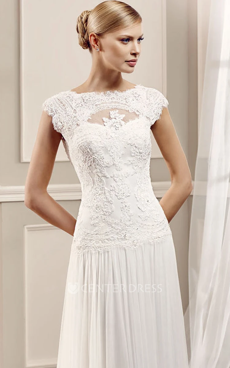 Sheath Jewel-Neck Sleeveless Pleated Chiffon&Lace Wedding Dress With Illusion