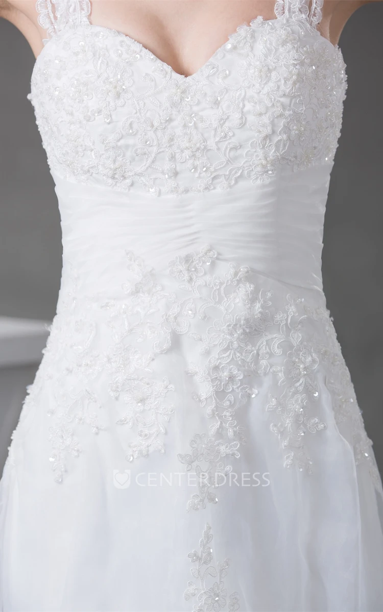 Strapped Sleeveless Lace A-Line Wedding Gown with Ruching and Beading