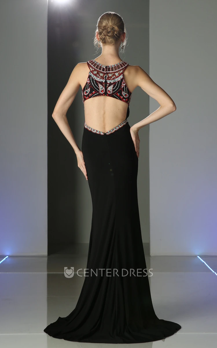 Sheath Long Jewel-Neck Sleeveless Jersey Keyhole Dress With Crystal Detailing