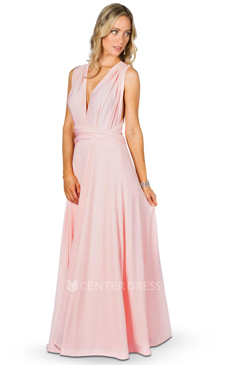 Sleeveless Long V-Neck Chiffon Convertible Bridesmaid Dress With Straps
