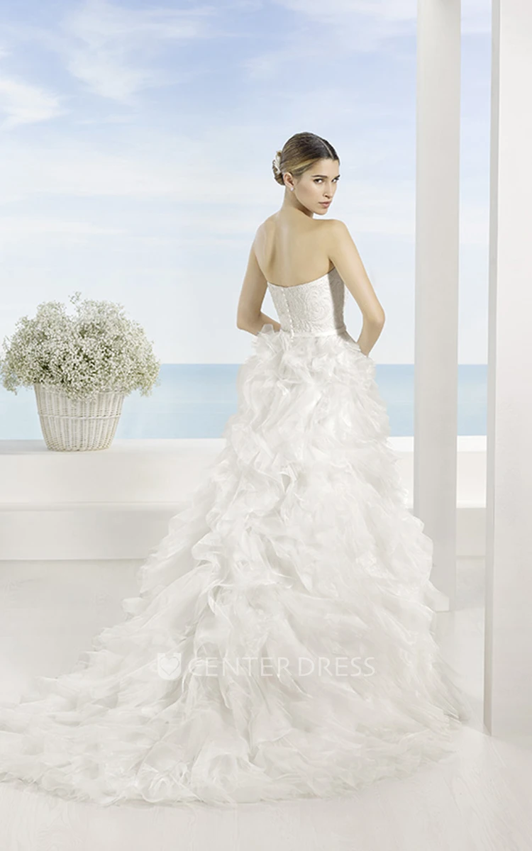 A-Line Sleeveless Cascading-Ruffle Long Strapless Tulle Wedding Dress With Chapel Train