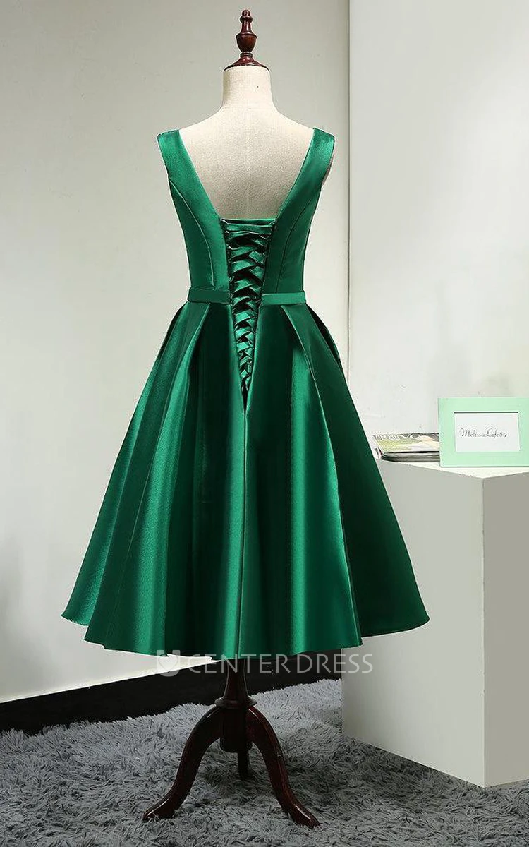 V Neck Pleated A-line Satin Tea Length Dress With Lace Up and Bow