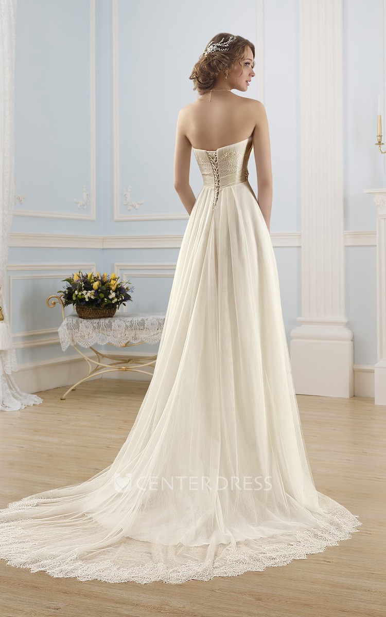 lace and chiffon empire waist strapless maternity wedding dress