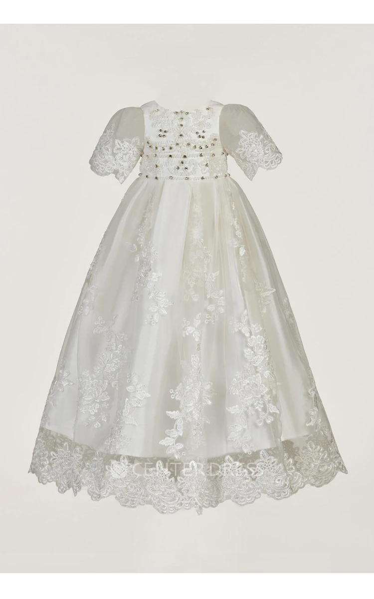 Exceptional Beaded Christening Gown With Lace Appliques