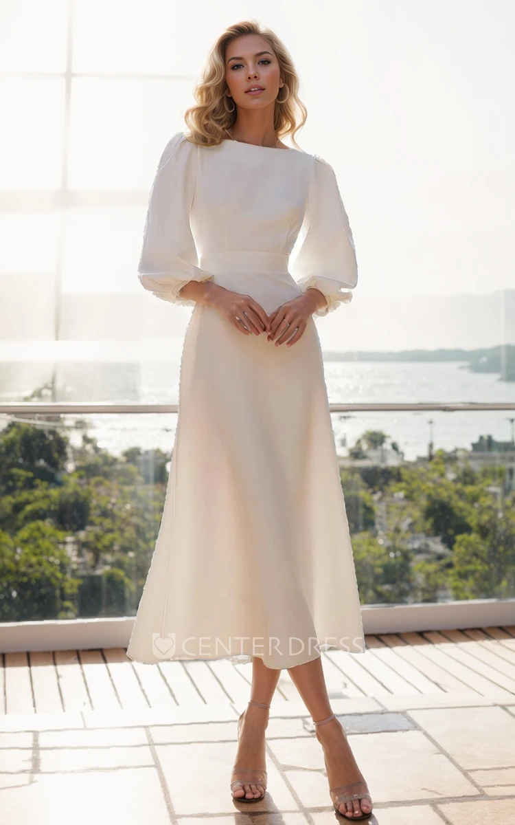 Modest Solid Vintage A-Line Jersey Wedding Dress Backless Bateau Neck Tea-length Long Sleeve Bridal Gown with Button Back Sash