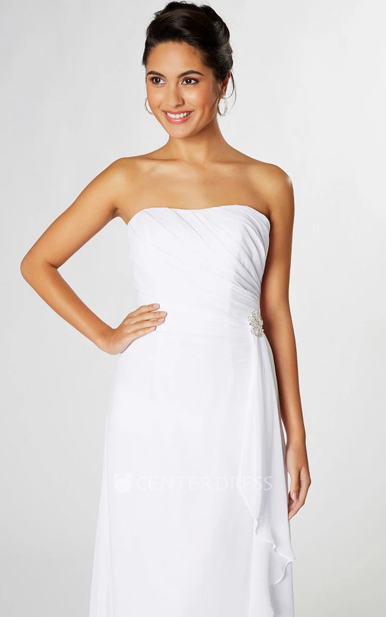 Ruched Strapless Chiffon Bridesmaid Dress With Broach And Lace-Up Back