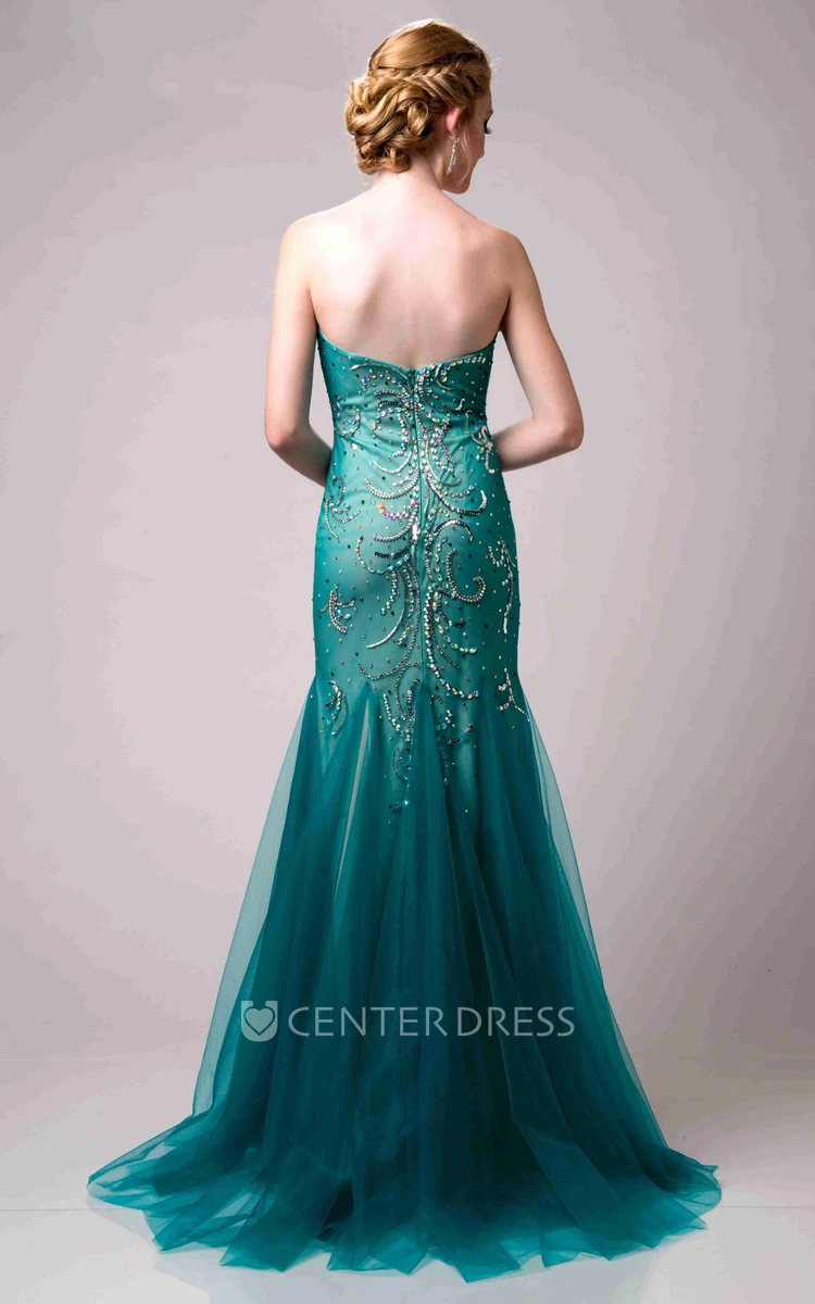 Sequin-Covered Strapless Mermaid Tulle Prom Dress With Sweetheart Neckline