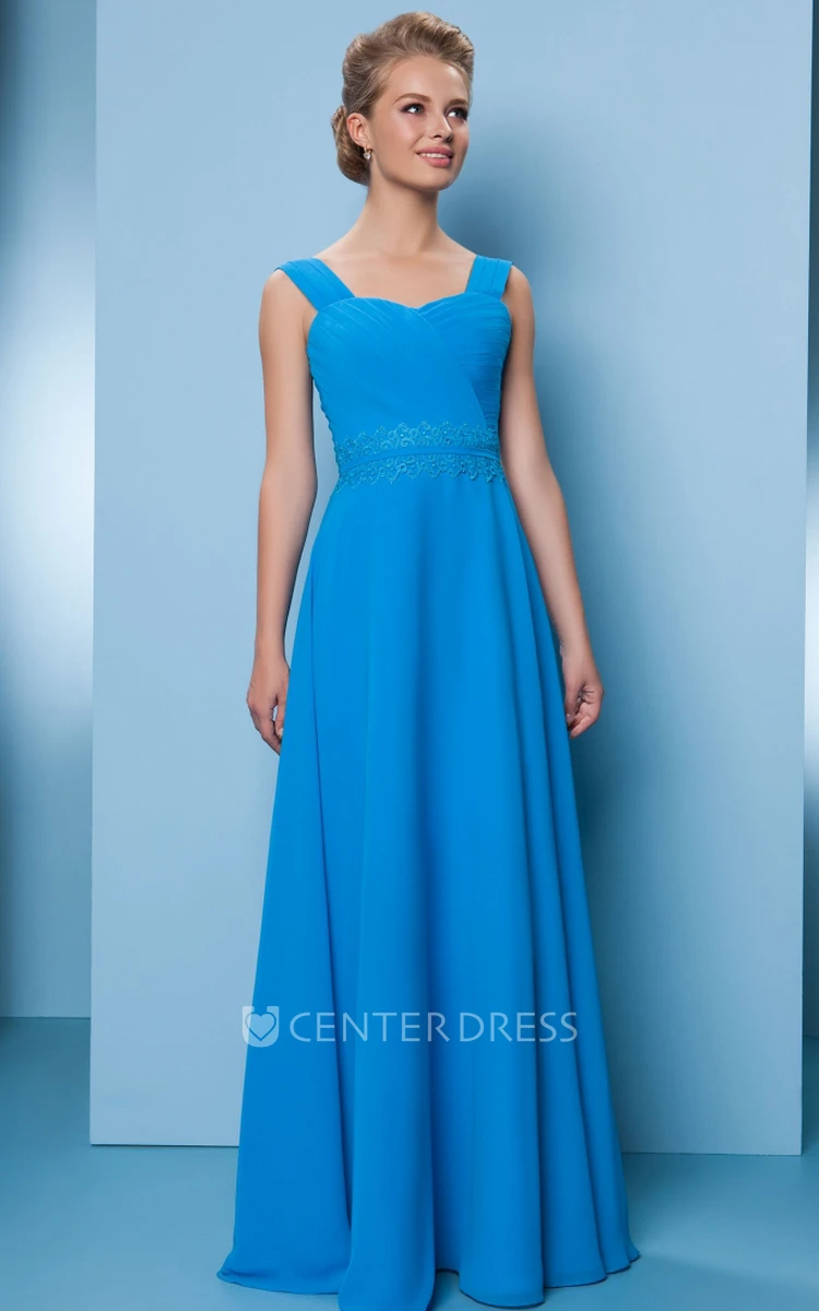 Ruched Sleeveless Strapped Chiffon Bridesmaid Dress With Appliques And Lace-Up