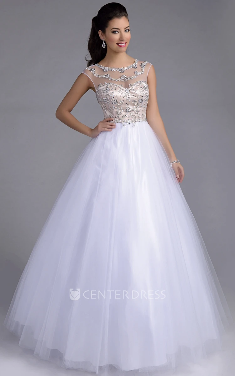 A-Line Tulle Cap Sleeve Prom Dress Featuring Rhinestone Bodice And Illusion Back
