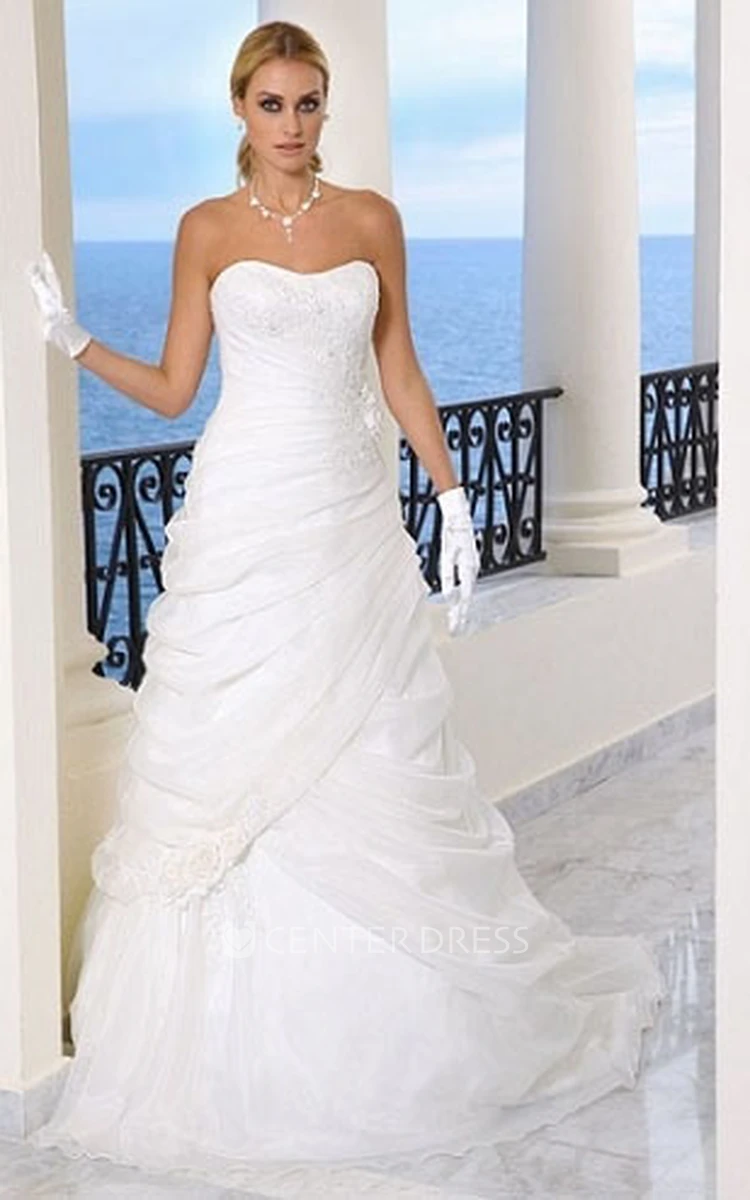 A-Line Strapless Long Appliqued Organza Wedding Dress With Pick Up And Brush Train