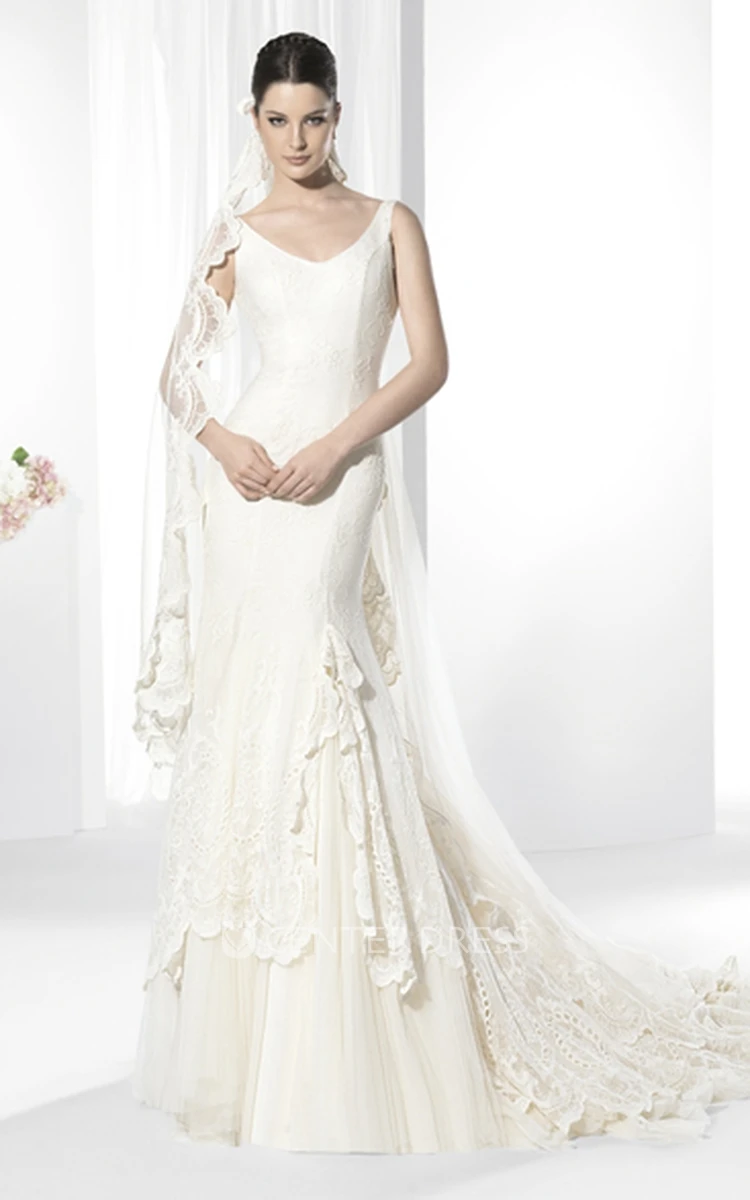Sheath V-Neck Floor-Length Appliqued Sleeveless Satin&Tulle Wedding Dress