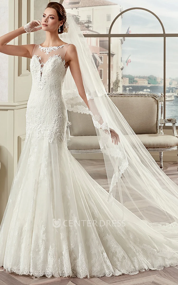 Jewel-Neck Mermaid Lace Gown With Cap Sleeves And Illusive Design