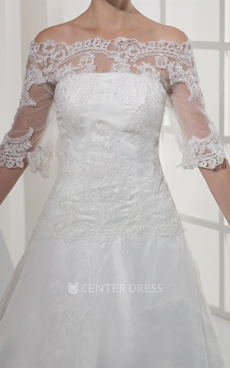 Half Sleeves Off-The-Shoulder A-Line Lace Wedding Gown with Appliques