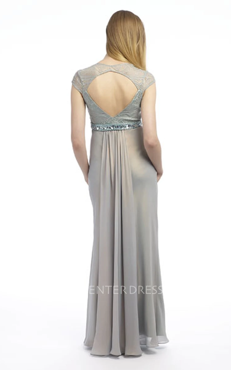 Cap-Sleeve Jeweled Floor-Length V-Neck Chiffon Prom Dress With Lace And Ruching