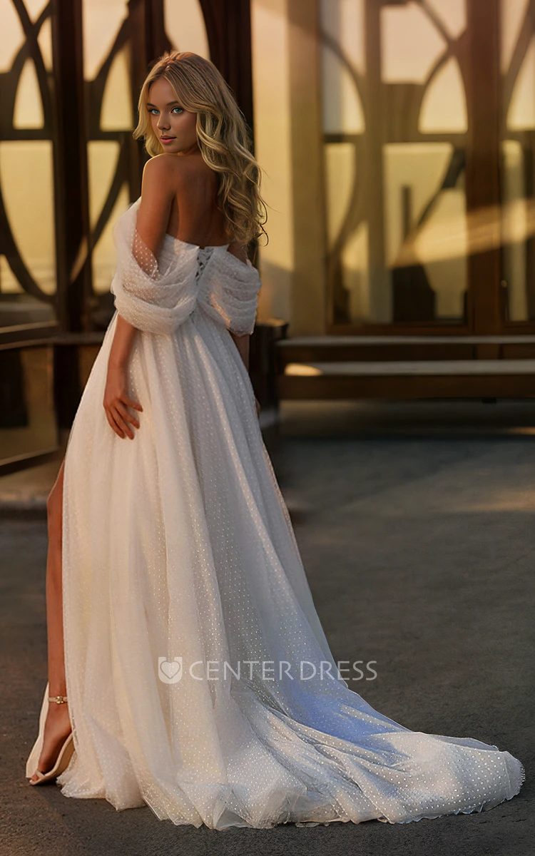 Vintage Adorable A-Line Tulle Off-the-shoulder Wedding Dress Romantic Simple Sexy Lace-up Back Floor-length Split Front Bridal Gown with Train