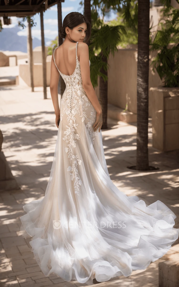 Mermaid Sleeveless Spaghetti V-neck Tulle Lace Wedding Dress Ethereal Appliques Floor-length Bridal Gown