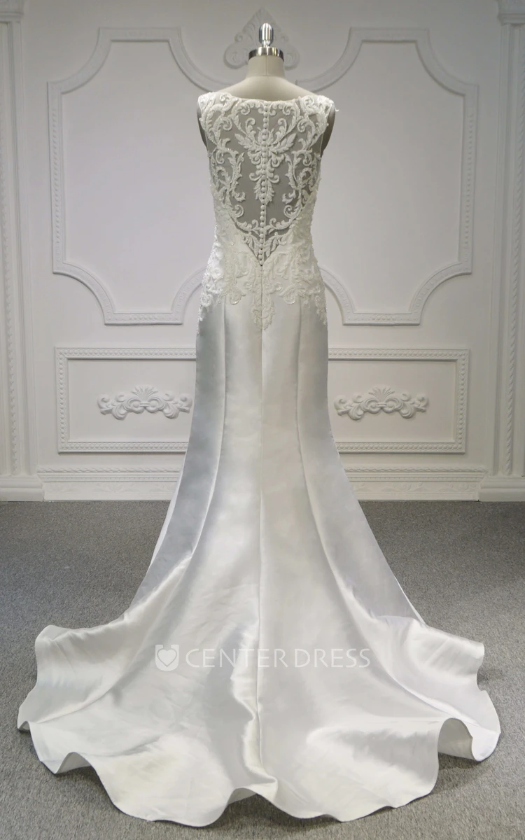 Sleeveless V-neck Ruched Illusion Back Lace Satin Mermaid Wedding Dress