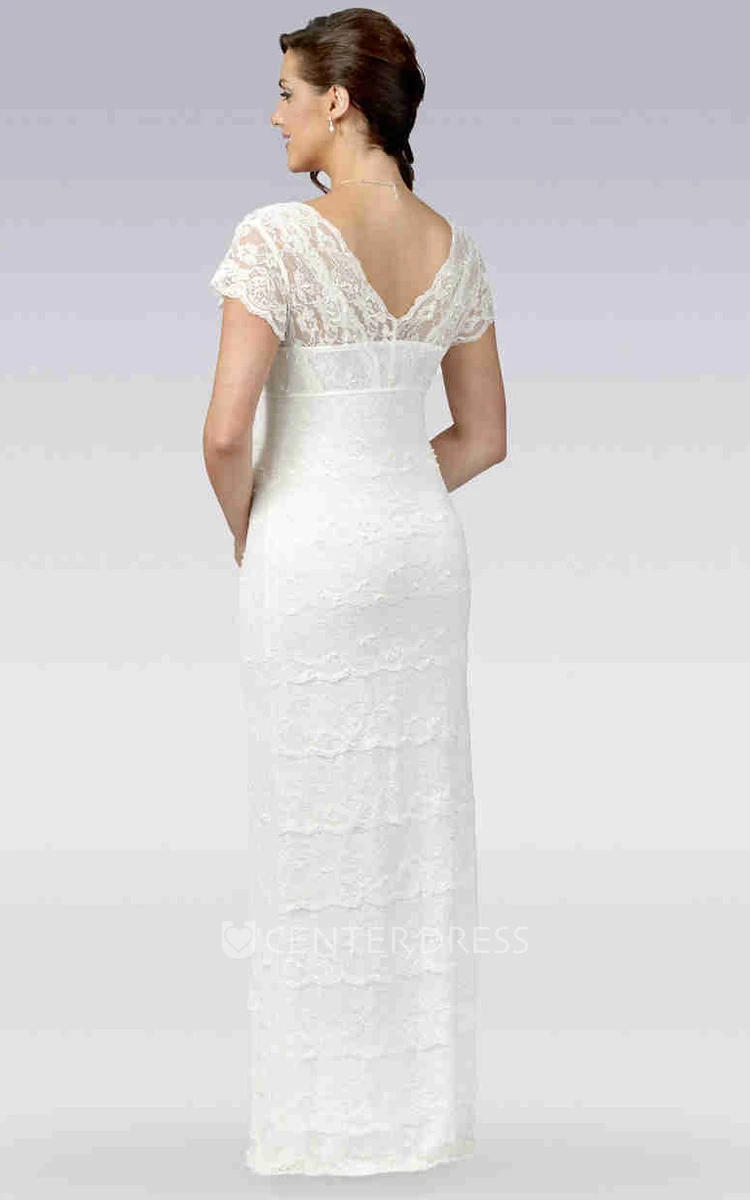 Sheath V-Neck Cap-Sleeve Lace Wedding Dress